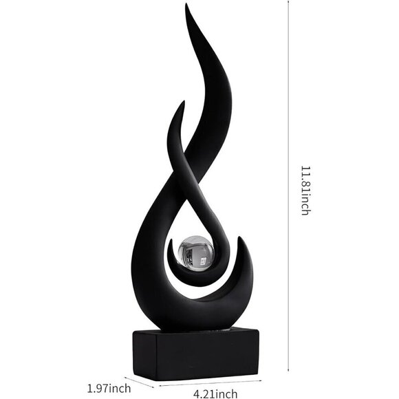 Abstract Black Sculpture Decor: Flame Statue with Glass Ball Resin Art Figurines - Picture 4 of 10